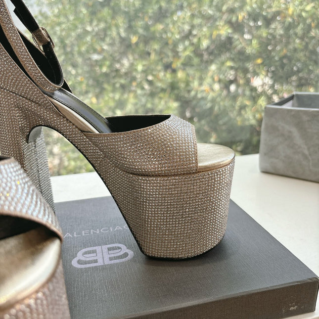 PLATFORM ANKLE STRAP HEELS IN BEIGE METALLIC ATTACHED RHINESTONES CALFSKIN