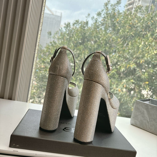 PLATFORM ANKLE STRAP HEELS IN BEIGE METALLIC ATTACHED RHINESTONES CALFSKIN