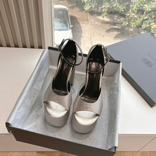 PLATFORM ANKLE STRAP HEELS IN BEIGE METALLIC ATTACHED RHINESTONES CALFSKIN