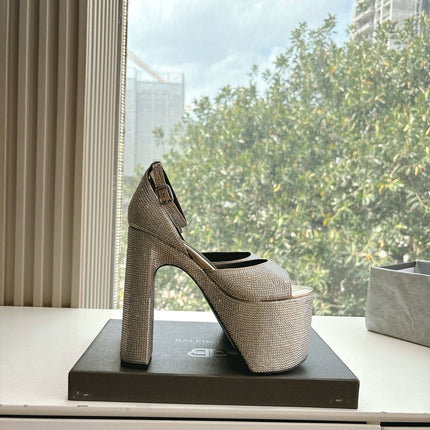 PLATFORM ANKLE STRAP HEELS IN BEIGE METALLIC ATTACHED RHINESTONES CALFSKIN