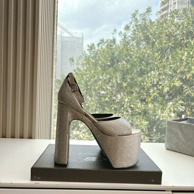 PLATFORM ANKLE STRAP HEELS IN BEIGE METALLIC ATTACHED RHINESTONES CALFSKIN