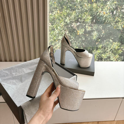 PLATFORM ANKLE STRAP HEELS IN BEIGE METALLIC ATTACHED RHINESTONES CALFSKIN