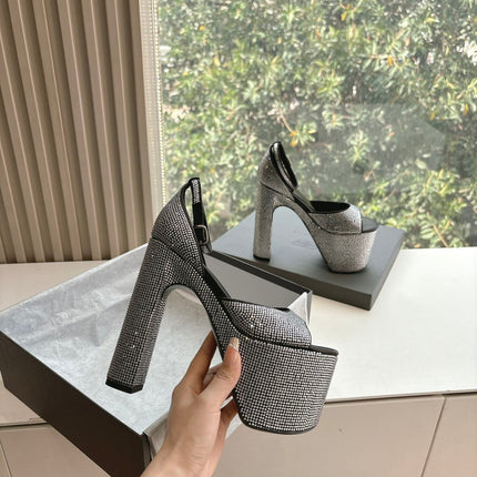 PLATFORM ANKLE STRAP HEELS IN BLACK ATTACHED RHINESTONES CALFSKIN