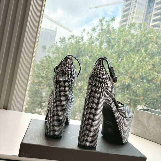 PLATFORM ANKLE STRAP HEELS IN BLACK ATTACHED RHINESTONES CALFSKIN