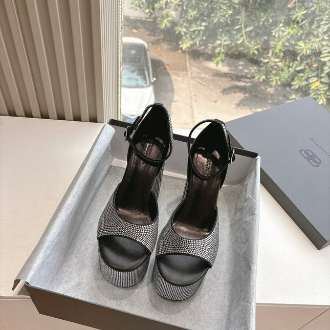 PLATFORM ANKLE STRAP HEELS IN BLACK ATTACHED RHINESTONES CALFSKIN