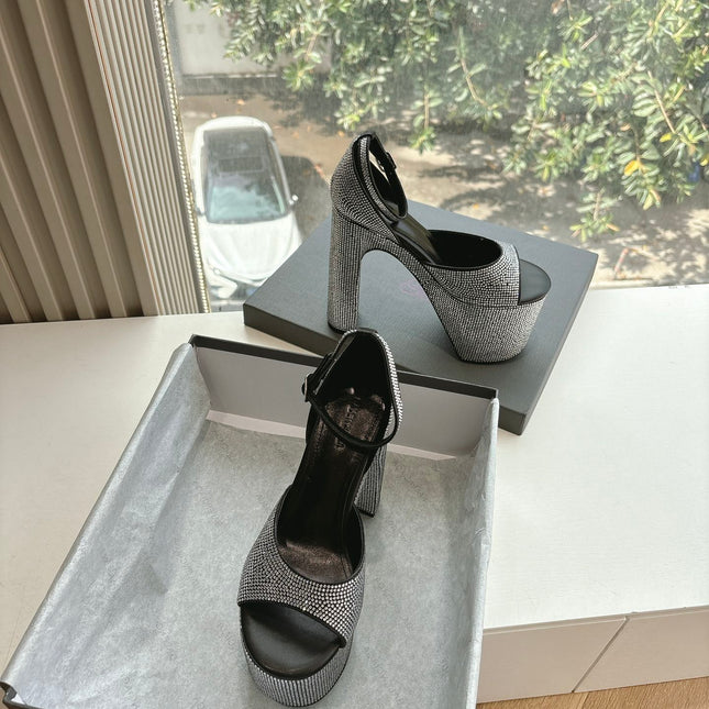 PLATFORM ANKLE STRAP HEELS IN BLACK ATTACHED RHINESTONES CALFSKIN