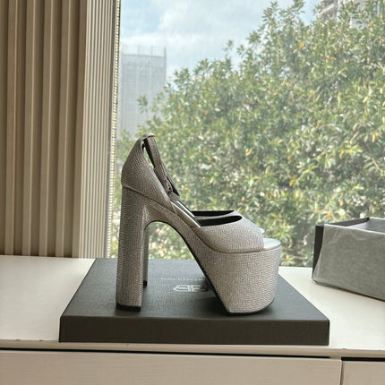 PLATFORM ANKLE STRAP HEELS IN SILVER METALLIC ATTACHED RHINESTONES CALFSKIN