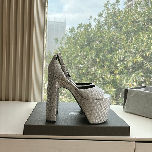 PLATFORM ANKLE STRAP HEELS IN SILVER METALLIC ATTACHED RHINESTONES CALFSKIN