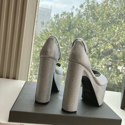 PLATFORM ANKLE STRAP HEELS IN SILVER METALLIC ATTACHED RHINESTONES CALFSKIN