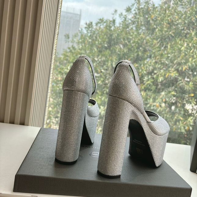 PLATFORM ANKLE STRAP HEELS IN SILVER METALLIC ATTACHED RHINESTONES CALFSKIN