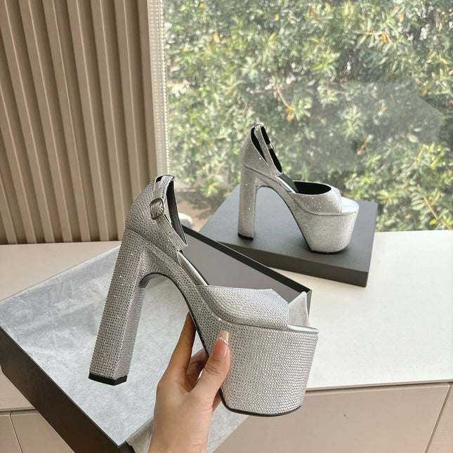 PLATFORM ANKLE STRAP HEELS IN SILVER METALLIC ATTACHED RHINESTONES CALFSKIN