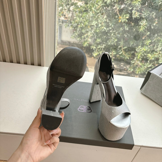 PLATFORM ANKLE STRAP HEELS IN SILVER METALLIC ATTACHED RHINESTONES CALFSKIN