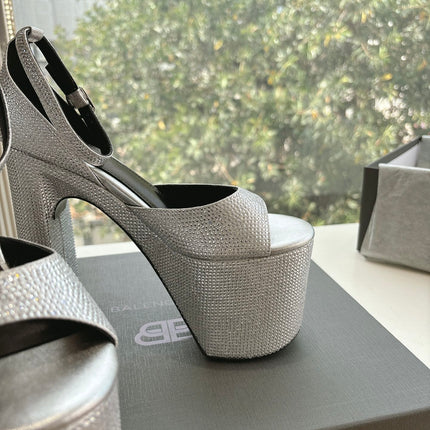 PLATFORM ANKLE STRAP HEELS IN SILVER METALLIC ATTACHED RHINESTONES CALFSKIN