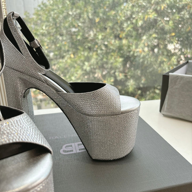 PLATFORM ANKLE STRAP HEELS IN SILVER METALLIC ATTACHED RHINESTONES CALFSKIN