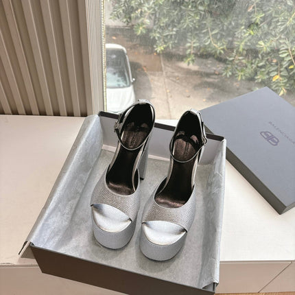 PLATFORM ANKLE STRAP HEELS IN SILVER METALLIC ATTACHED RHINESTONES CALFSKIN