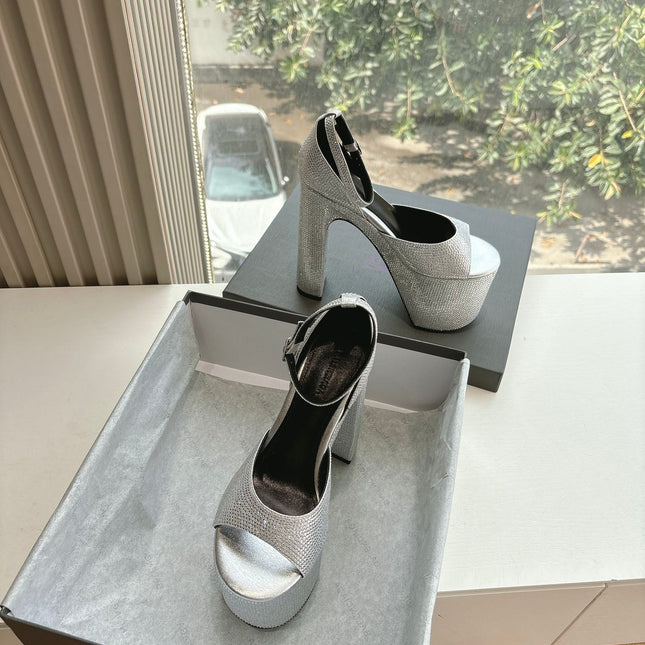 PLATFORM ANKLE STRAP HEELS IN SILVER METALLIC ATTACHED RHINESTONES CALFSKIN