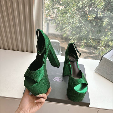 PLATFORM ANKLE STRAP HEELS IN GREEN METALLIC ATTACHED RHINESTONES CALFSKIN