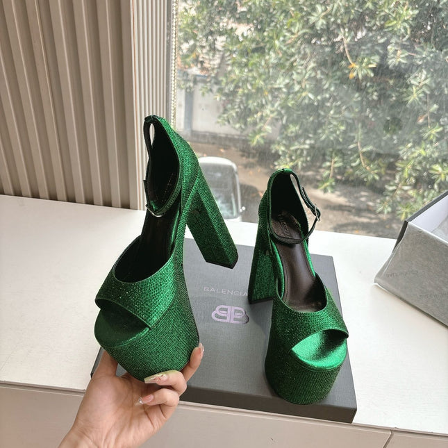 PLATFORM ANKLE STRAP HEELS IN GREEN METALLIC ATTACHED RHINESTONES CALFSKIN