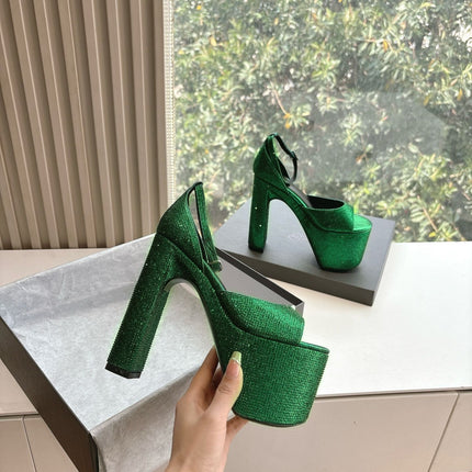 PLATFORM ANKLE STRAP HEELS IN GREEN METALLIC ATTACHED RHINESTONES CALFSKIN