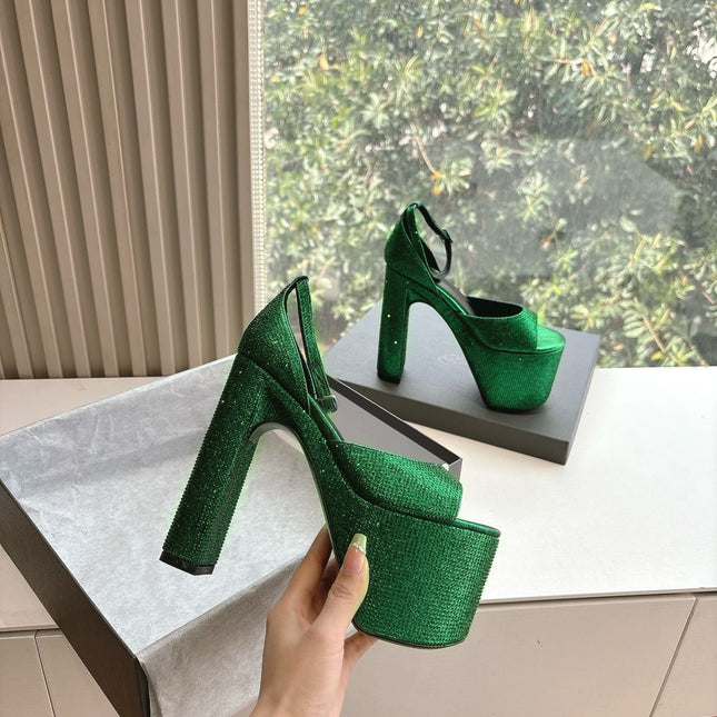 PLATFORM ANKLE STRAP HEELS IN GREEN METALLIC ATTACHED RHINESTONES CALFSKIN