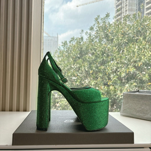 PLATFORM ANKLE STRAP HEELS IN GREEN METALLIC ATTACHED RHINESTONES CALFSKIN
