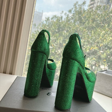 PLATFORM ANKLE STRAP HEELS IN GREEN METALLIC ATTACHED RHINESTONES CALFSKIN