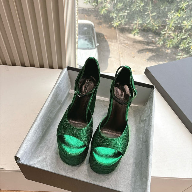 PLATFORM ANKLE STRAP HEELS IN GREEN METALLIC ATTACHED RHINESTONES CALFSKIN