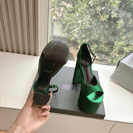 PLATFORM ANKLE STRAP HEELS IN GREEN METALLIC ATTACHED RHINESTONES CALFSKIN