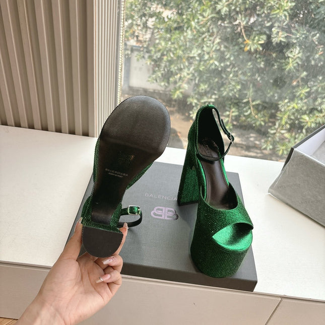 PLATFORM ANKLE STRAP HEELS IN GREEN METALLIC ATTACHED RHINESTONES CALFSKIN