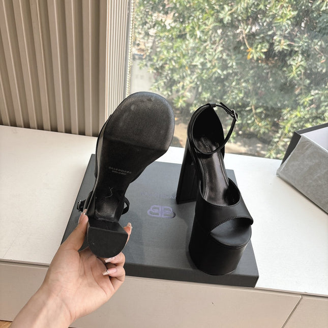 PLATFORM ANKLE STRAP HEELS IN BLACK SMOOTH CALFSKIN