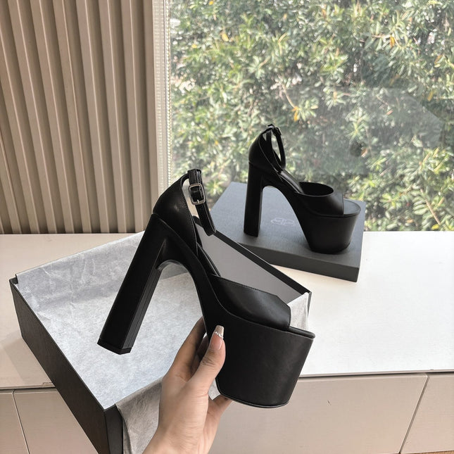 PLATFORM ANKLE STRAP HEELS IN BLACK SMOOTH CALFSKIN