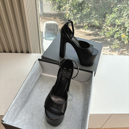 PLATFORM ANKLE STRAP HEELS IN BLACK SMOOTH CALFSKIN