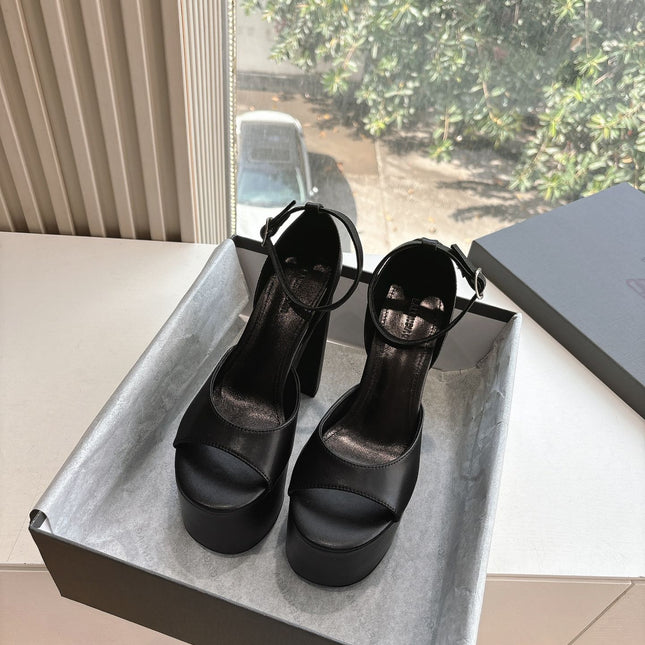 PLATFORM ANKLE STRAP HEELS IN BLACK SMOOTH CALFSKIN