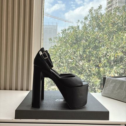PLATFORM ANKLE STRAP HEELS IN BLACK SMOOTH CALFSKIN