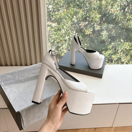 PLATFORM ANKLE STRAP HEELS IN WHITE SMOOTH CALFSKIN