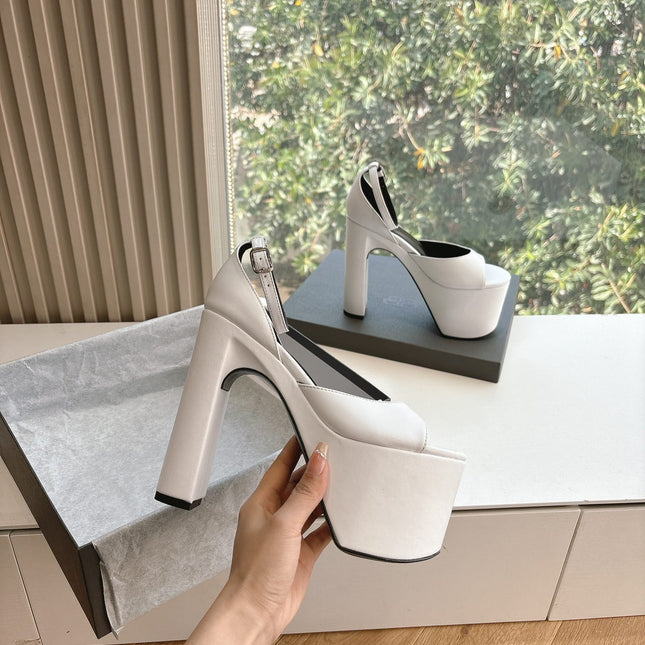 PLATFORM ANKLE STRAP HEELS IN WHITE SMOOTH CALFSKIN