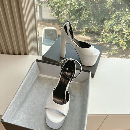 PLATFORM ANKLE STRAP HEELS IN WHITE SMOOTH CALFSKIN