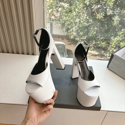 PLATFORM ANKLE STRAP HEELS IN WHITE SMOOTH CALFSKIN