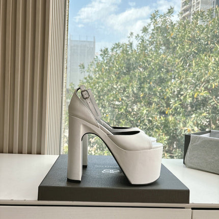 PLATFORM ANKLE STRAP HEELS IN WHITE SMOOTH CALFSKIN