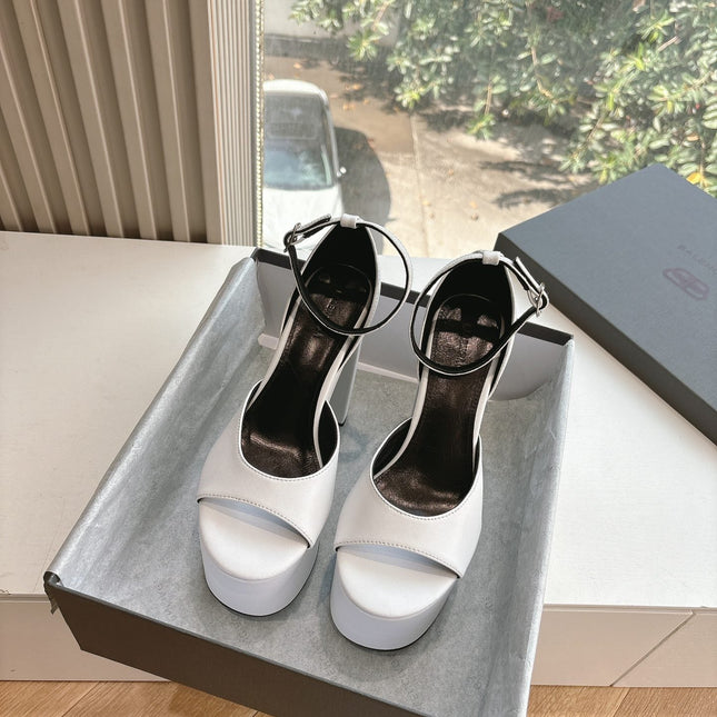 PLATFORM ANKLE STRAP HEELS IN WHITE SMOOTH CALFSKIN