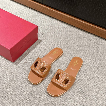 VLOGO CUT-OUT BRONZE BROWN CALFSKIN SLIDE SANDAL