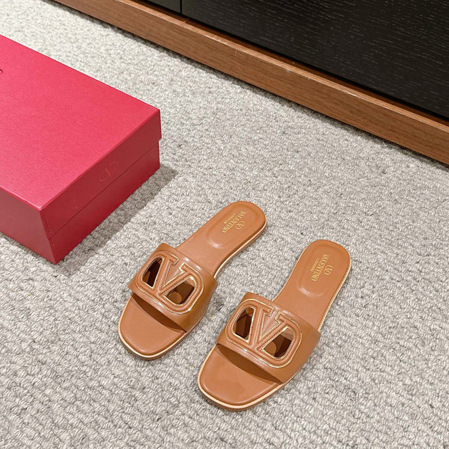 VLOGO CUT-OUT BRONZE BROWN CALFSKIN SLIDE SANDAL
