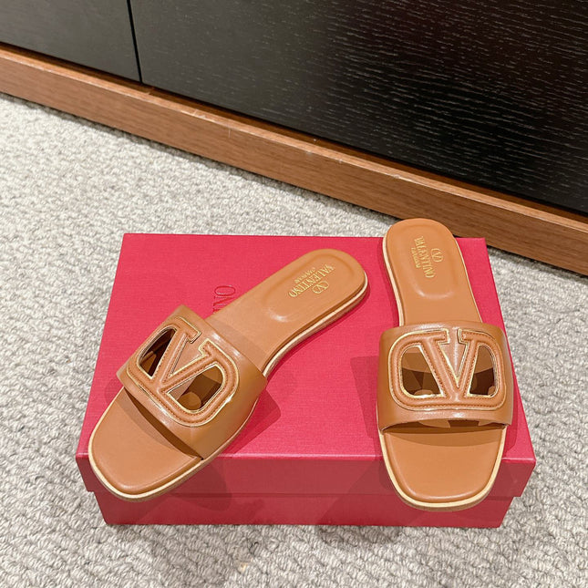 VLOGO CUT-OUT BRONZE BROWN CALFSKIN SLIDE SANDAL