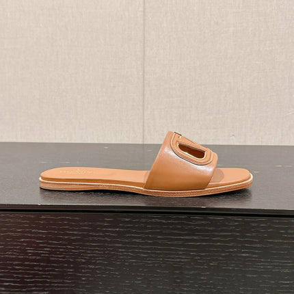 VLOGO CUT-OUT BRONZE BROWN CALFSKIN SLIDE SANDAL