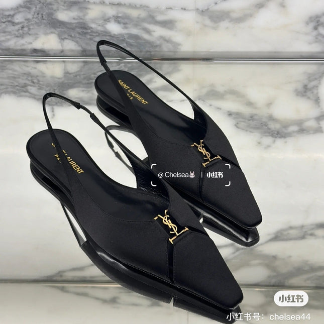 SL BABYLONE SLINGBACK FLAT BLACK SATIN CREPE
