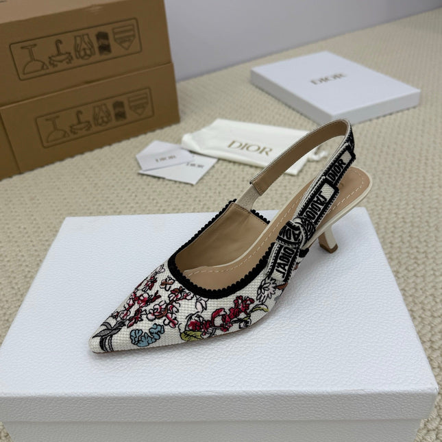 DIOR HIGH SLINGBACK 65 MM 25S IN WHITE FABRIC AND FLORAL PATTERN