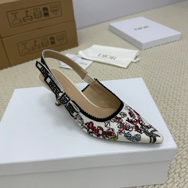 DIOR HIGH SLINGBACK 65 MM 25S IN WHITE FABRIC AND FLORAL PATTERN