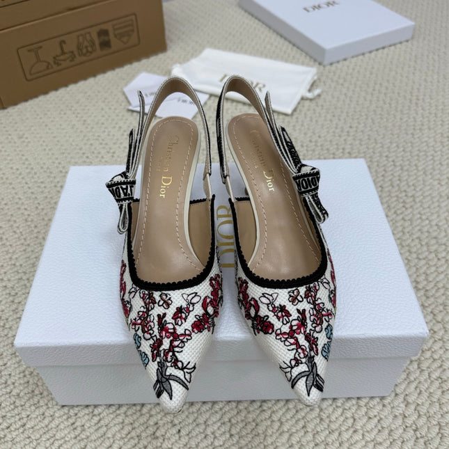 DIOR HIGH SLINGBACK 65 MM 25S IN WHITE FABRIC AND FLORAL PATTERN