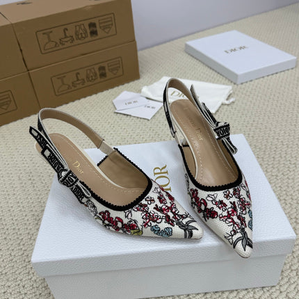 DIOR HIGH SLINGBACK 65 MM 25S IN WHITE FABRIC AND FLORAL PATTERN