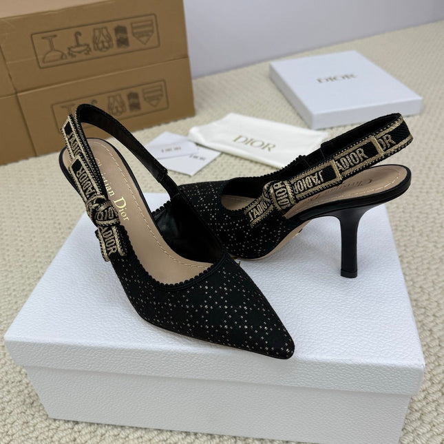 DIOR HIGH SLINGBACK 100 MM 25S IN BLACK FABRIC AND BRAND NAME EMBROIDERY